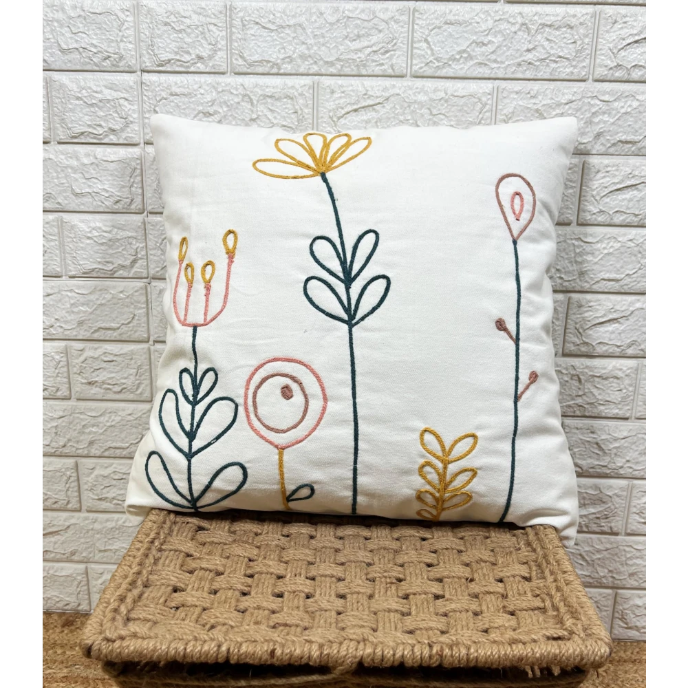 Indihomecraft White and Yellow Tufted Embroidered Cushion Cover Hand Craft Inspired Decorative Boho Cushion Cover for Sofa Couch Swing Chair Living Room & Bedroom 18 x 18 Inches, Pack of 1