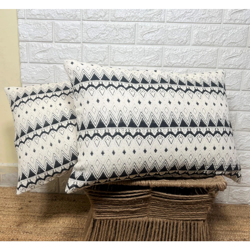 Indihomecraft Handicraft Cotton Cushion Cover - Jacquard Hand Loom Hand Stitched Embroidery Decorative Art Boho Pillow Block Woven Pillow Cover | Rectangle Shape 14X20 Inches Cushion Cover, Set of 2
