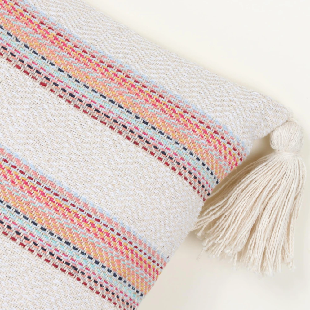 Indihomecraft Hand Stitched Embroidery Cushion Cover | Handmade Off-White and Red Woven Tassel Pillow Cover | Rectangle Shape 14X20 Inches Cushion Cover