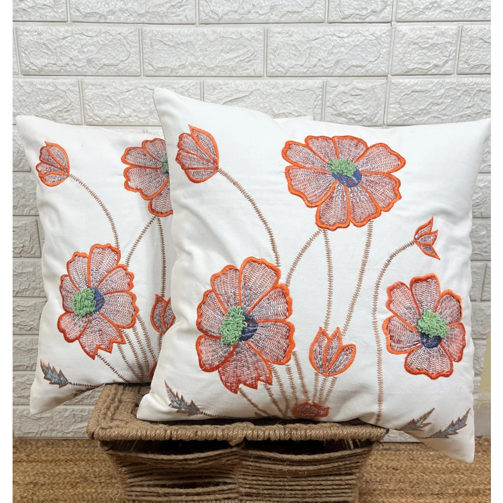 Indihomecraft Orange and White Tufted Embroidered Cushion Cover Hand Craft Inspired Decorative Boho Cushion Cover for Sofa Couch Swing Chair Living Room & Bedroom 18 x 18 Inches, Pack of 2