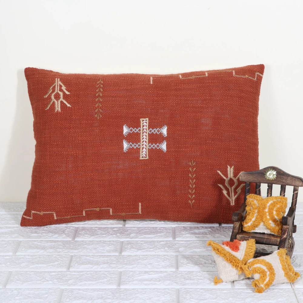 Indihomecraft Brick Red Cushion Cover Hand Woven Cactus Inspired Decorative Boho Cushion Cover for Sofa Couch Swing Chair Living Room & Bedroom 14 x 20 Inches, Set of 1