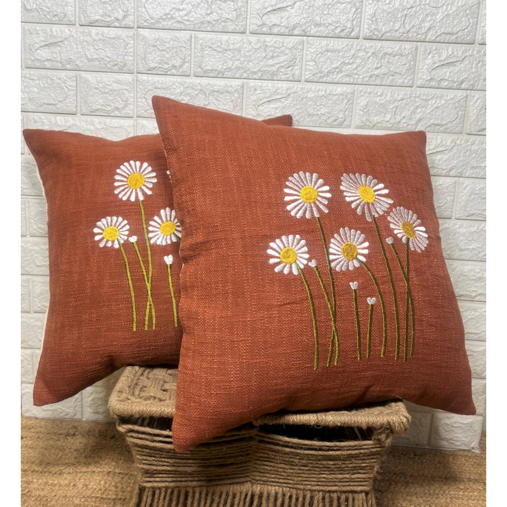 Indihomecraft Handicraft Cotton Cushion Cover - Hand Stitched Embroidery Decorative Boho Pillow Sun Flower Shape Hand Made Pillow Cover | Hand Stitch 18X18 Inches Cushion Cover, Set of 2