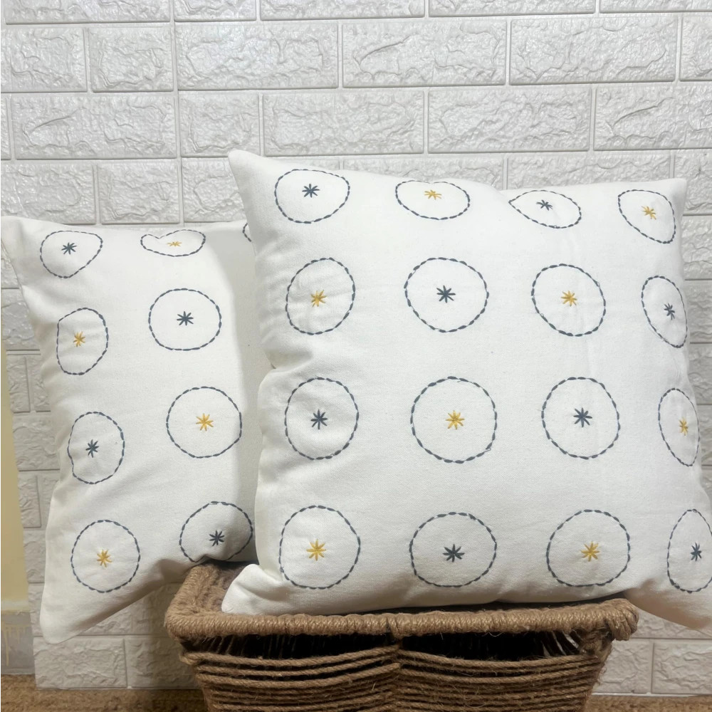 Indihomecraft Handicraft Cotton Cushion Cover - Hand Stitched Embroidery Decorative Art Boho Pillow Boho Round Shape Hand Made Pillow Cover | Square Shape 18X18 Inches Cushion Cover Set of 2