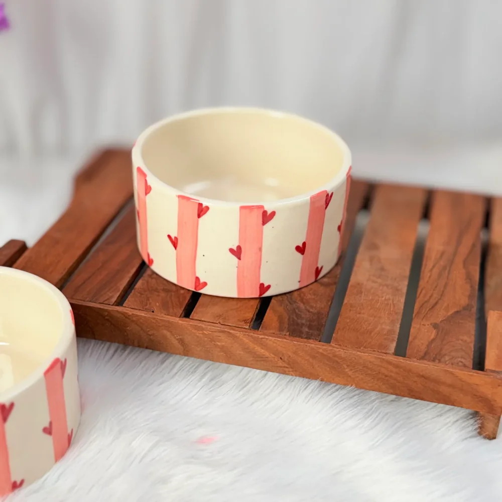 Candy Heart Stripe Ceramic Breakfast Bowl – Cute Heart Pattern Cereal Bowl