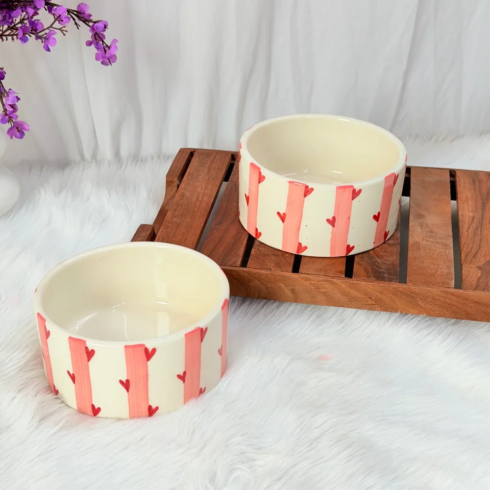 Candy Heart Stripe Ceramic Breakfast Bowl – Cute Heart Pattern Cereal Bowl
