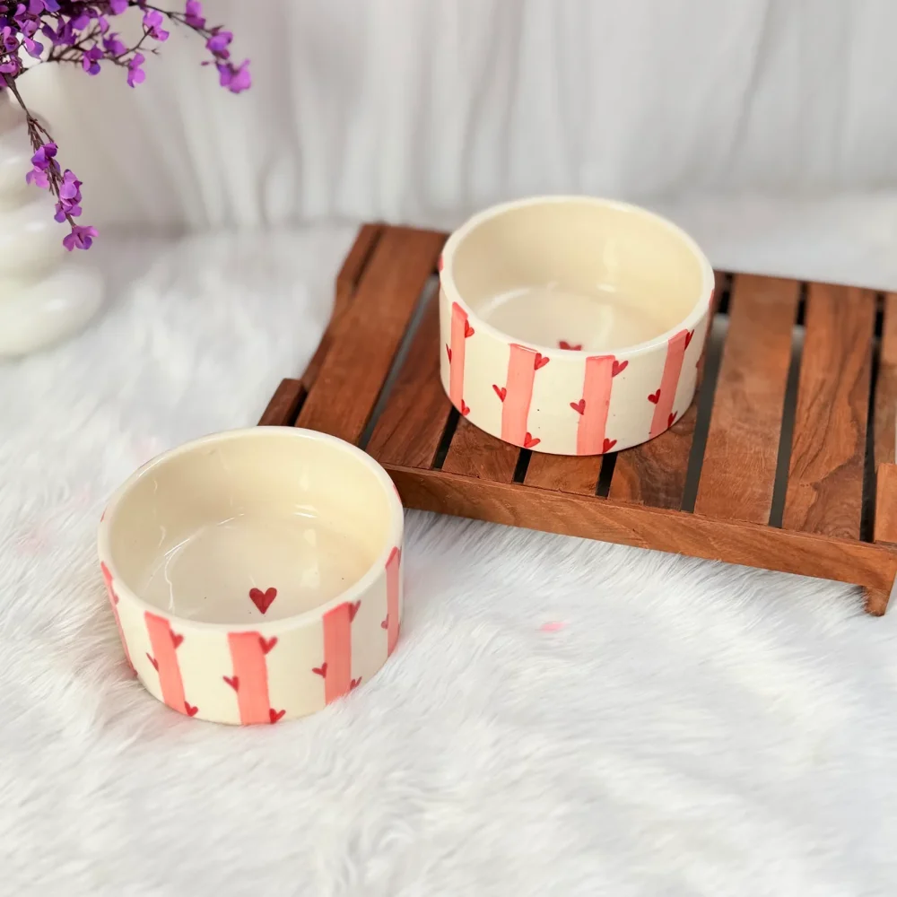 Candy Heart Stripe Ceramic Breakfast Bowl – Cute Heart Pattern Cereal Bowl