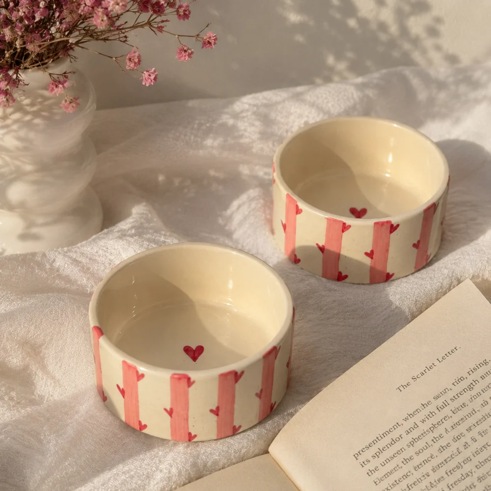 Candy Heart Stripe Ceramic Breakfast Bowl – Cute Heart Pattern Cereal Bowl