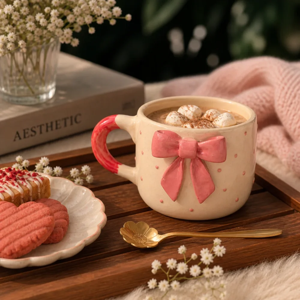 Elegant Bow Ceramic Coffee Mug – Aesthetic Coquette Style Tea Cup