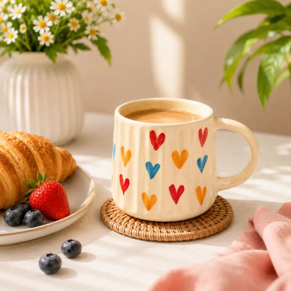 Pastel Hearts Ceramic Coffee Mug – Cute Heart Print Tea & Coffee Cup