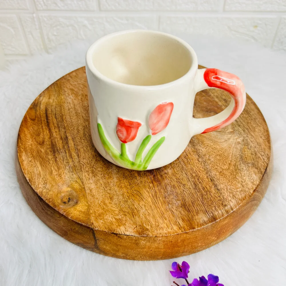 Pink Tulip Ceramic Coffee Mug – Floral Aesthetic Tea Cup for Women