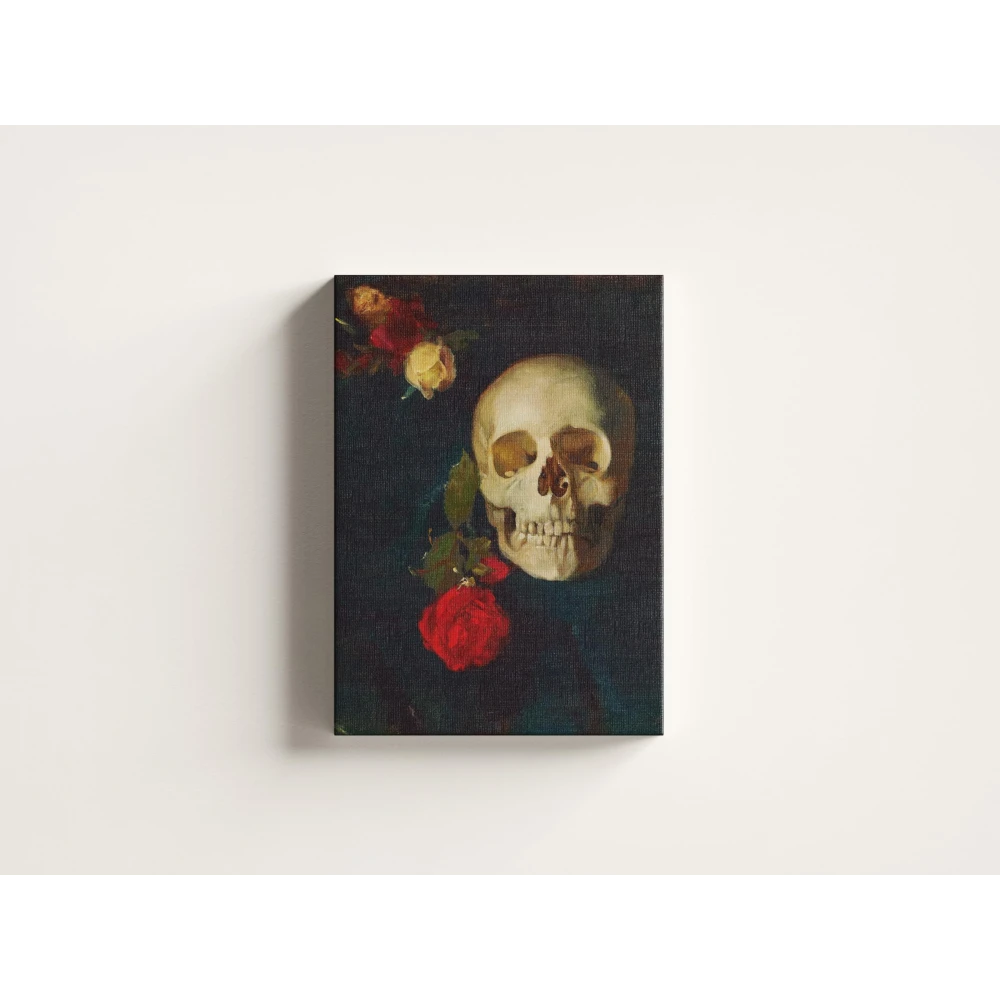 FURNISHUB Skull with Roses by Carl Schuch | Famous Artwork Painting | Gallery Wrapped Canvas Painting | Gothic Home Décor | Aesthetic Home Decor