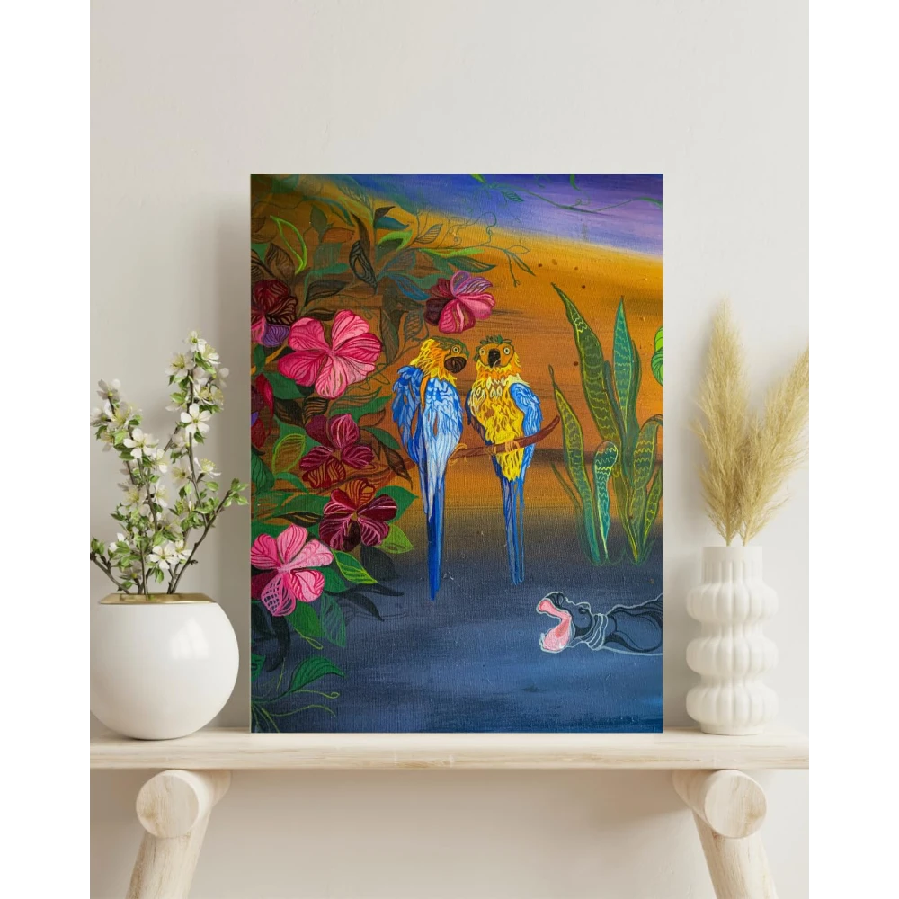 FURNISHUB DECOR Hand Drawn Blue and Yellow Macaw - Nature Life Living Room Canva Wall art home, office and Cafe Decoration - Canvas Painting Home Wall Decor Framed Gift