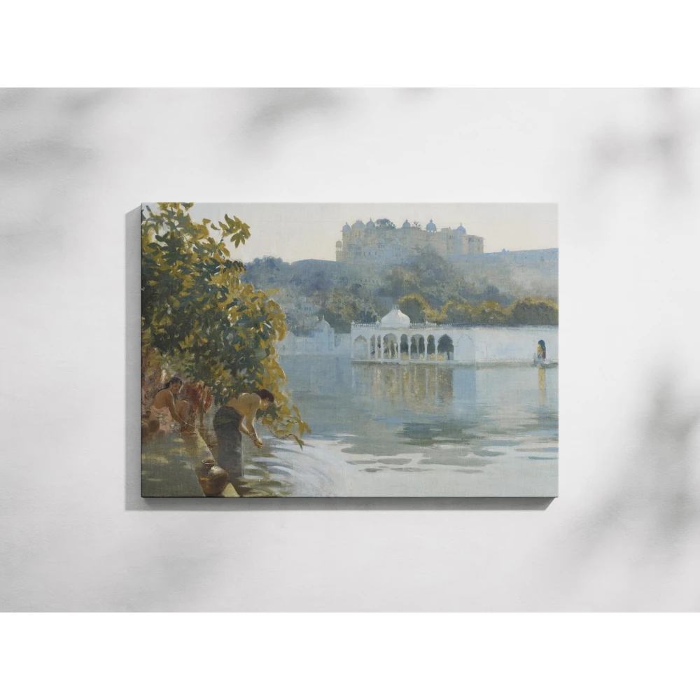 Furnishub Lake at Udaipur, India" by Edwin Lord Weeks | Vintage Canvas Art Print capturing the serene beauty of Oodeypore (modern Udaipur) in India.