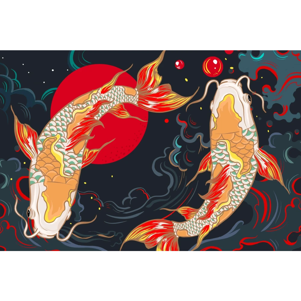 Furnishub Graceful Koi Carp Fish Duo: Circle of Serenity | Art Print Celebrating Harmony and Elegance in Nature