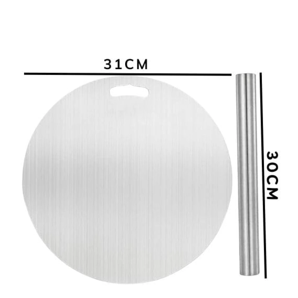 Homify Stainless Steel Round Chopping Board & Rolling Pin | Non-Slip, Round Edge, Rust-Proof | Ideal for Fruits, Meat & Veggies (31CM)