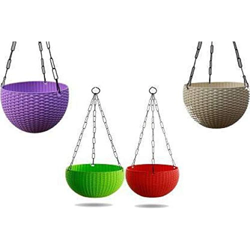 Palomino Multicolored Plant Container Set | Hanging Planters | Woven Design Hanging Euro Basket Planters for Indoor and Outdoor Use with Hanging Chain (Pack of 4, Plastic)