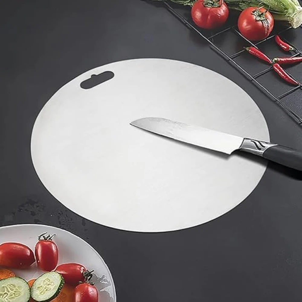 Palomino Stainless Steel Round Chopping Board & Rolling Pin | Non-Slip, Round Edge, Rust-Proof | Ideal for Fruits, Meat & Veggies (31CM)