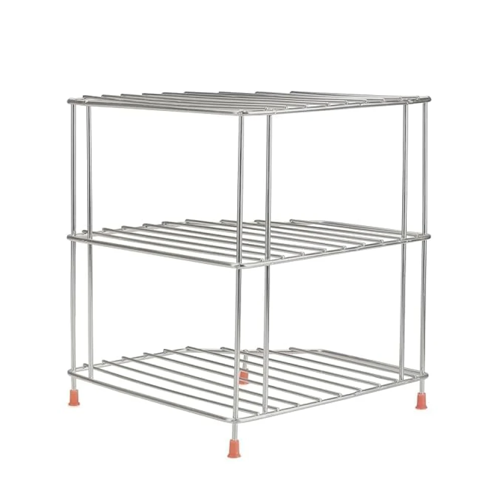 Palomino 3-Tier Stainless Steel Kitchen Organizer Rack Corner Shelf Rack for Kitchen Storage | Plate & Bowl Holder | Kitchen Steel Rack Stand for Sink, Slab, and Cabinet,Free Standing