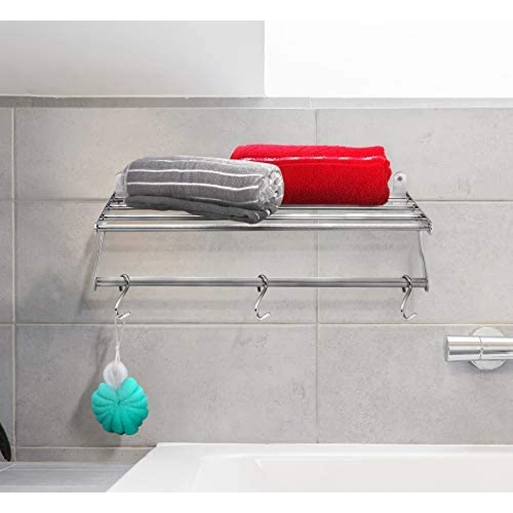 Palomino Stainless Steel Wall Mounted Clothe Drying Rack Stand Hanger Towel Bar Stand with 5 Bars with 3 Extra Hooks for Bathroom|Balcony|Kitchen