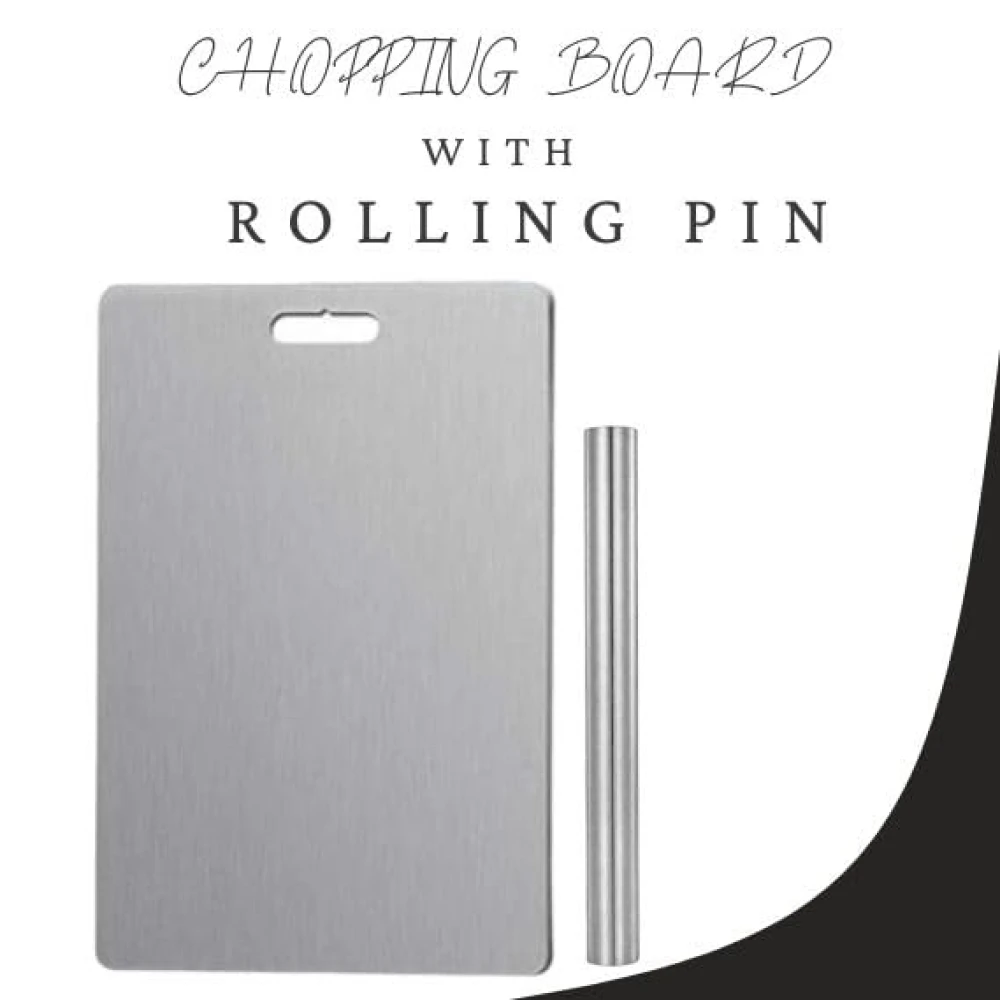 Palomino Stainless Steel Chopping Board & Rolling Pin | Non-Slip, Round Edge, Rust-Proof | Ideal for Fruits, Meat & Veggies (31x21)