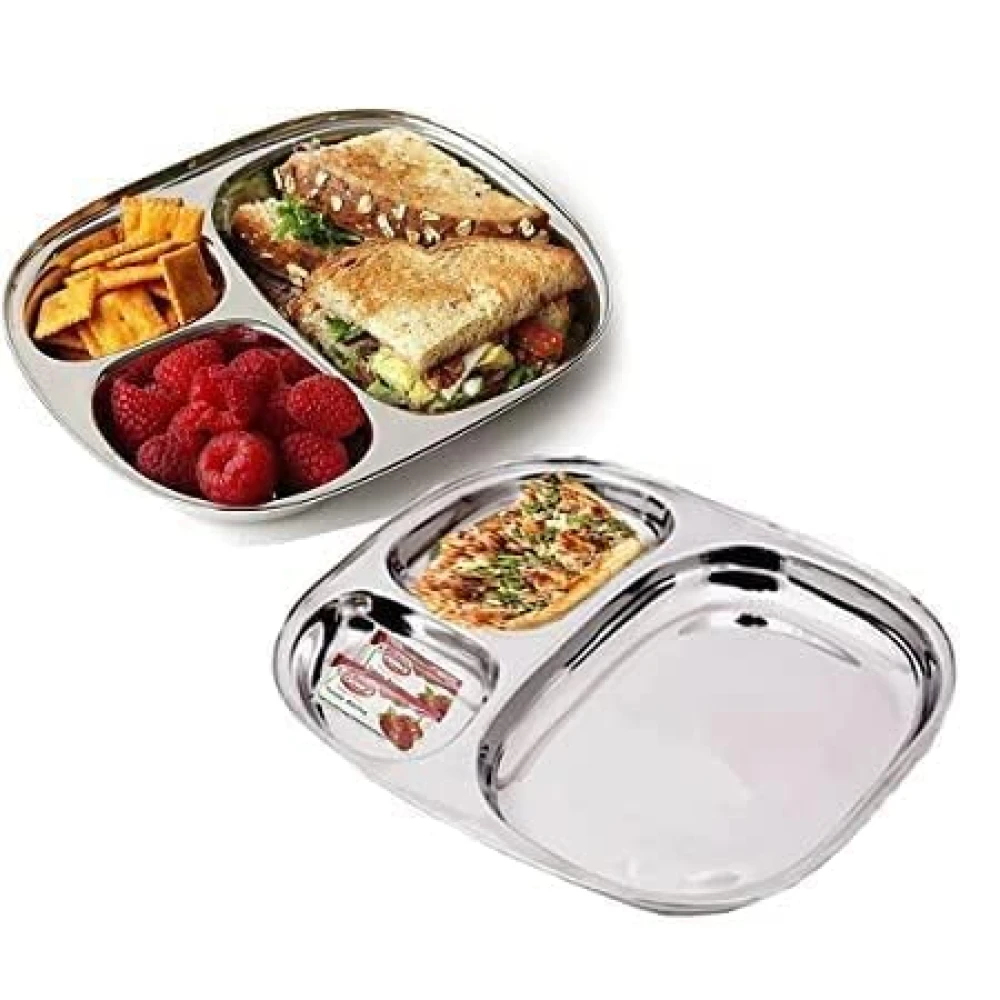 Palomino 3 in 1 Stainless Steel Plates with Compartments | Tiffin Plates | Idli Sambhar Plates | Partition Plates | Breakfast Plate | Steel Plates for Lunch/Dinner