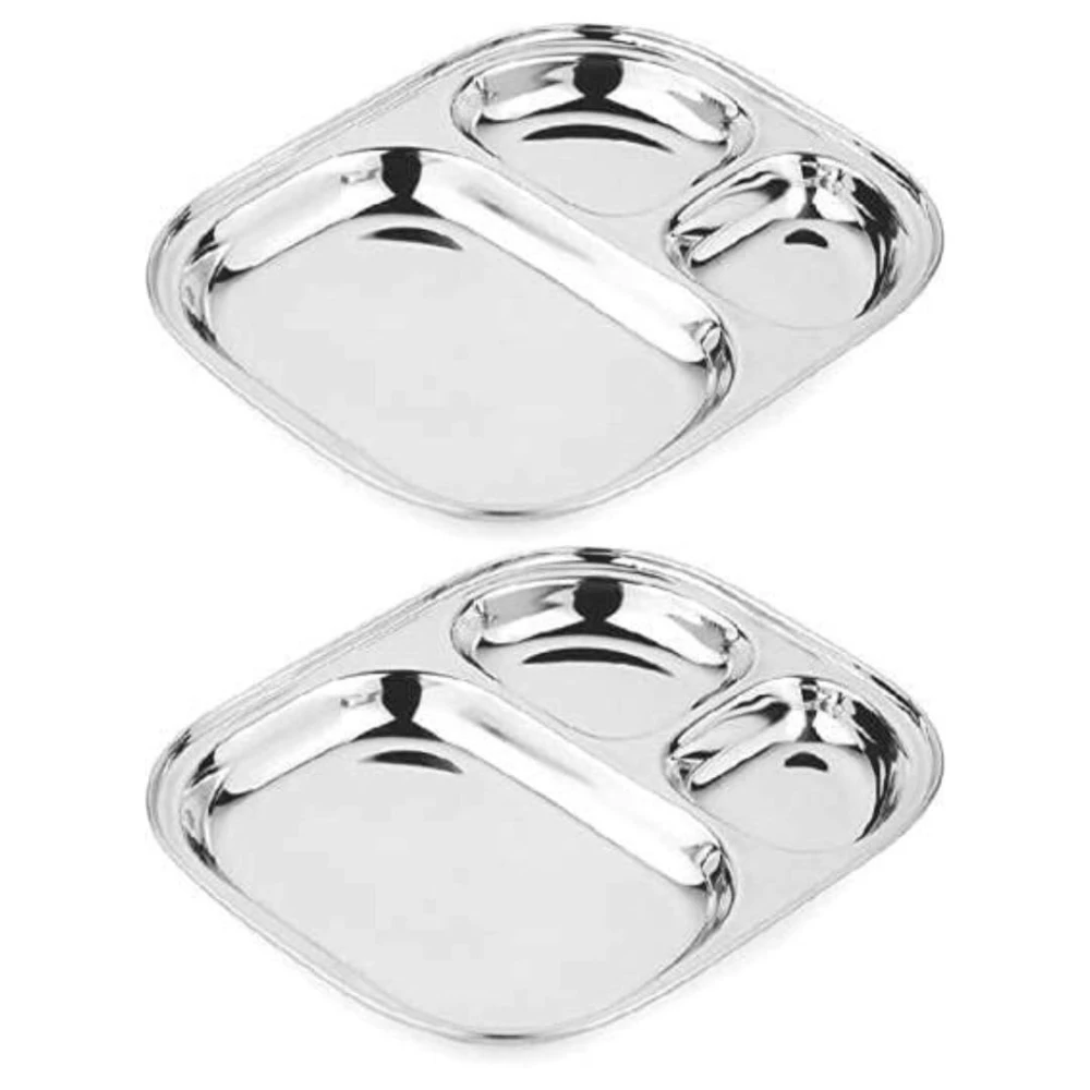 Palomino 3 in 1 Stainless Steel Plates with Compartments | Tiffin Plates | Idli Sambhar Plates | Partition Plates | Breakfast Plate | Steel Plates for Lunch/Dinner (Set of 2)