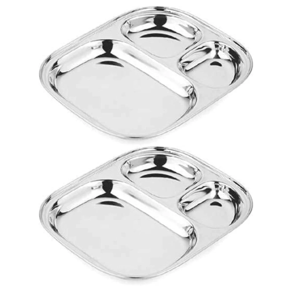 Palomino 3 in 1 Stainless Steel Plates with Compartments | Tiffin Plates | Idli Sambhar Plates | Partition Plates | Breakfast Plate | Steel Plates for Lunch/Dinner (Set of 2 )