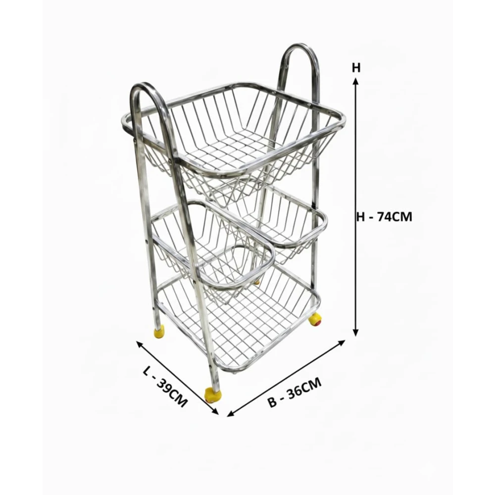 Homify Premium 3-Tier Stainless Steel Kitchen Trolley with Wheels – Rolling Fruit & Vegetable Storage Cart – Multipurpose Stainless Steel Basket Organizer Rack for Pantry, Kitchen & Home