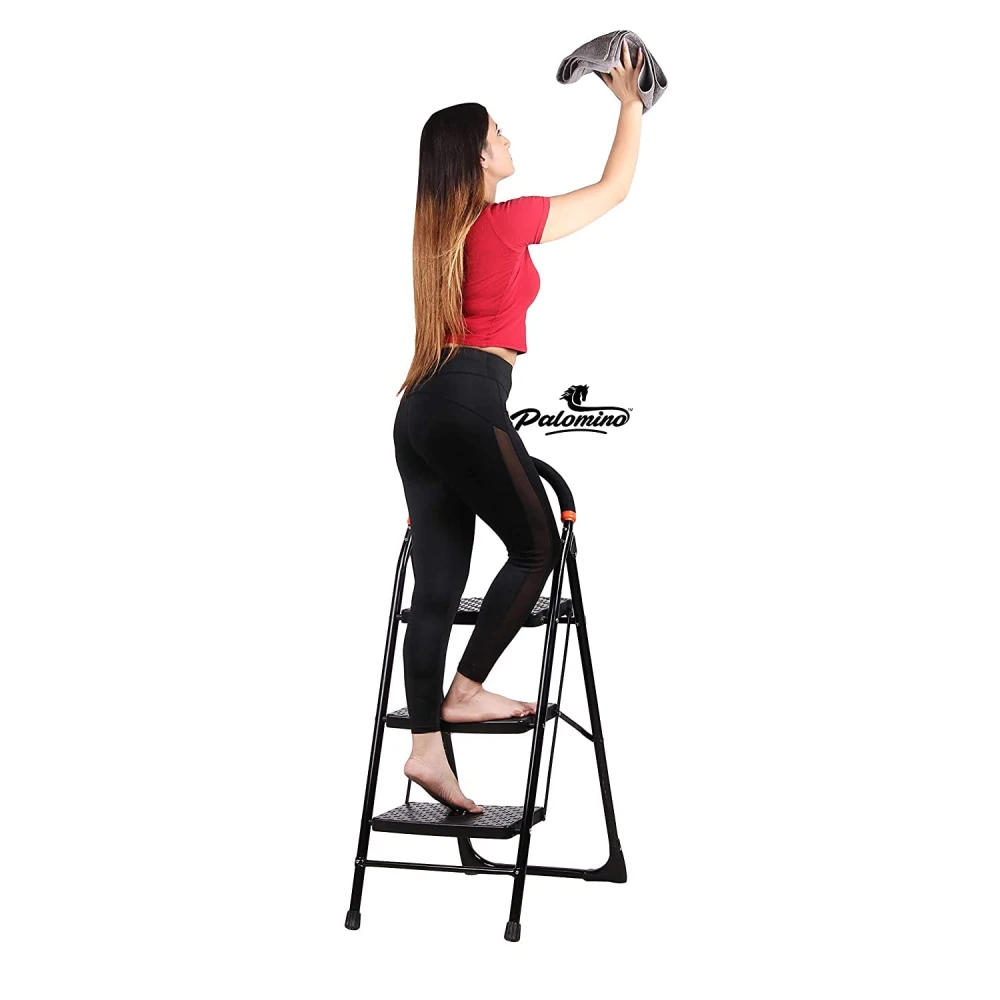 Palomino Black Heavy Duty Folding 3.1 Ft Stepladders with Wide 3 Steps Ladder Sidhi (Make in India)-Black
