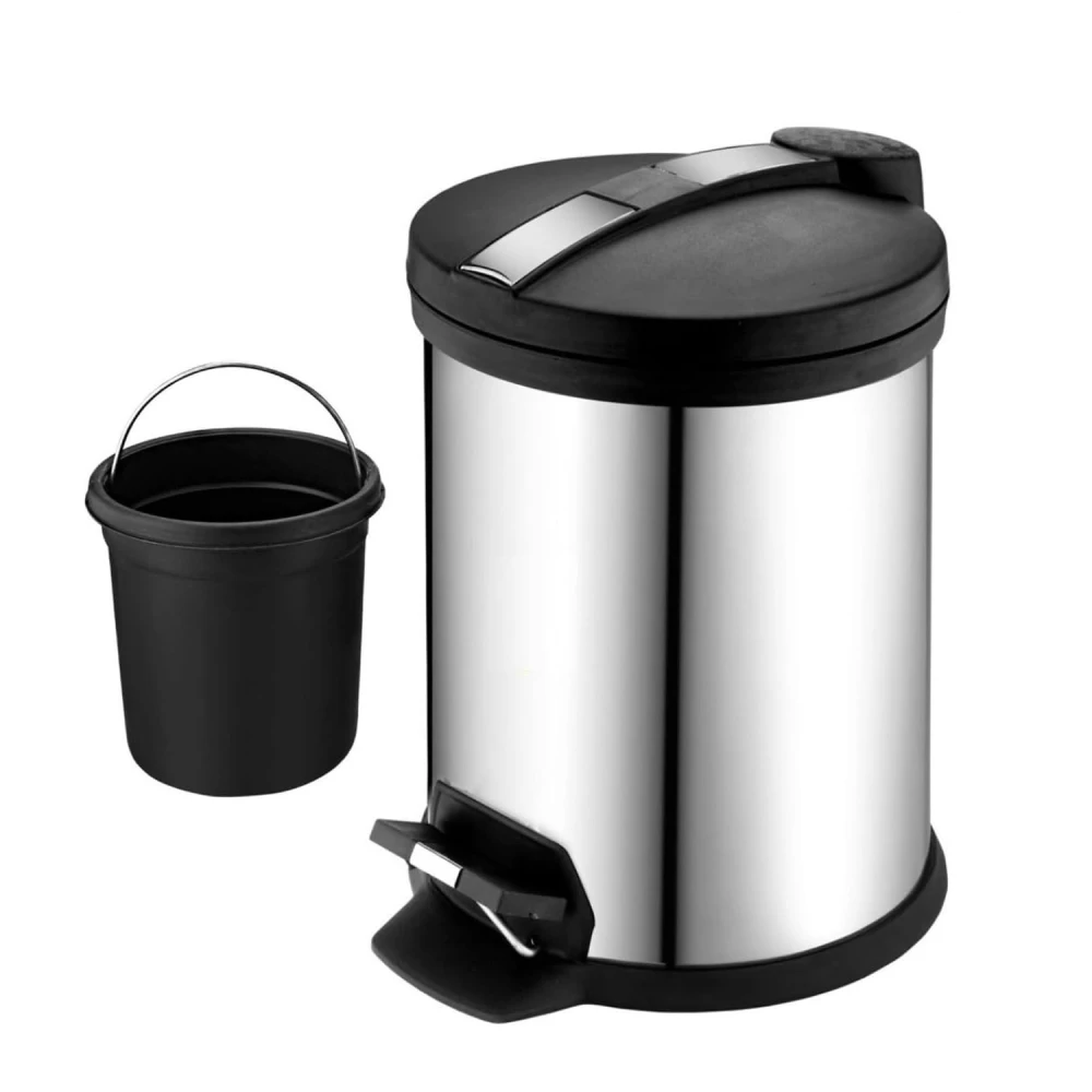 Palomino Stainless Steel Plain Pedal Bin with Plastic Bucket And Lid | Garbage Bin Trash Can Dustbin with Lid Round Shape Dustbin For Home, Bathroom, Kitchen, Office