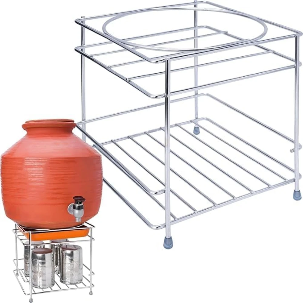 Homify Steel Stand Heavy Duty Matka Stand with Bottom Tray | Rust-Resistant, Durable & Space-Saving Design Pot Stand with Round Surface Stand Water Dispenser Stand
