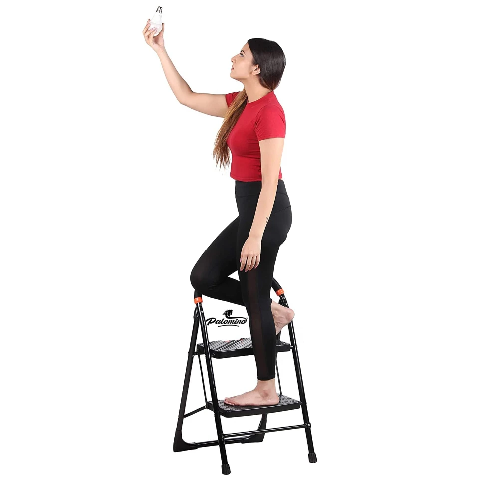 Palomino Black Heavy Duty Folding 2.1 Ft Stepladders with Wide 2 Steps Ladder Sidhi (Make in India)-Black