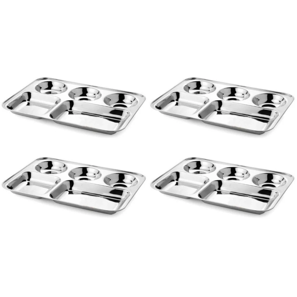 Palomino 5 in 1 Stainless Steel Plates with Compartments | Tiffin Plates | Idli Sambhar Plates | Partition Plates | Breakfast Plate | Steel Plates for Lunch/Dinner (Set of 4)