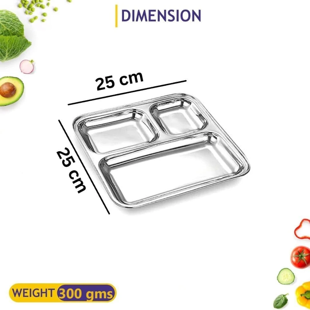 Palomino 3 In1 Stainless Steel Square Plates with Compartments/Tiffin Plates/Idli Sambhar Plates/Partition Plates/Breakfast Plate/Steel Plates for Lunch/Dinner