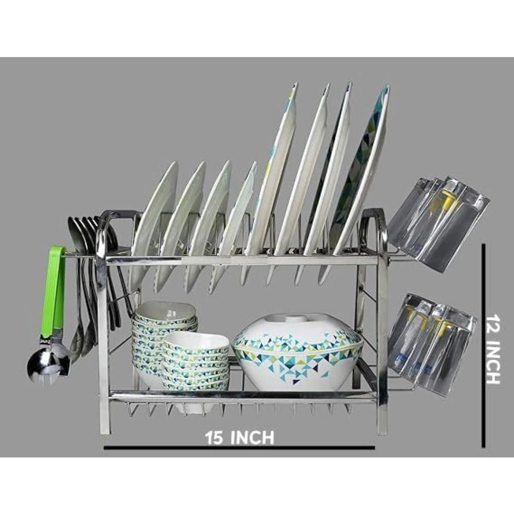 Homify Mini Stainless Steel 2 Layer Kitchen Rack - 12x15 Inch Wall Mount Dish Plate Cutlery Stand, Utensils Storage Organizer (Silver)