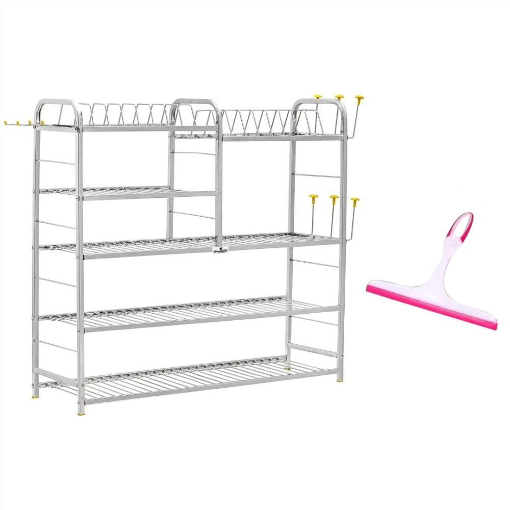 Palomino Wall Mount Kitchen Utensils Dish Rack | Stainless Steel Utensil Rack/Stand | Dish Stand/Holder | Kitchen Organizer | Utensils Rack with Plate & Cutlery Stand (30 X 30 Inches) + Wiper