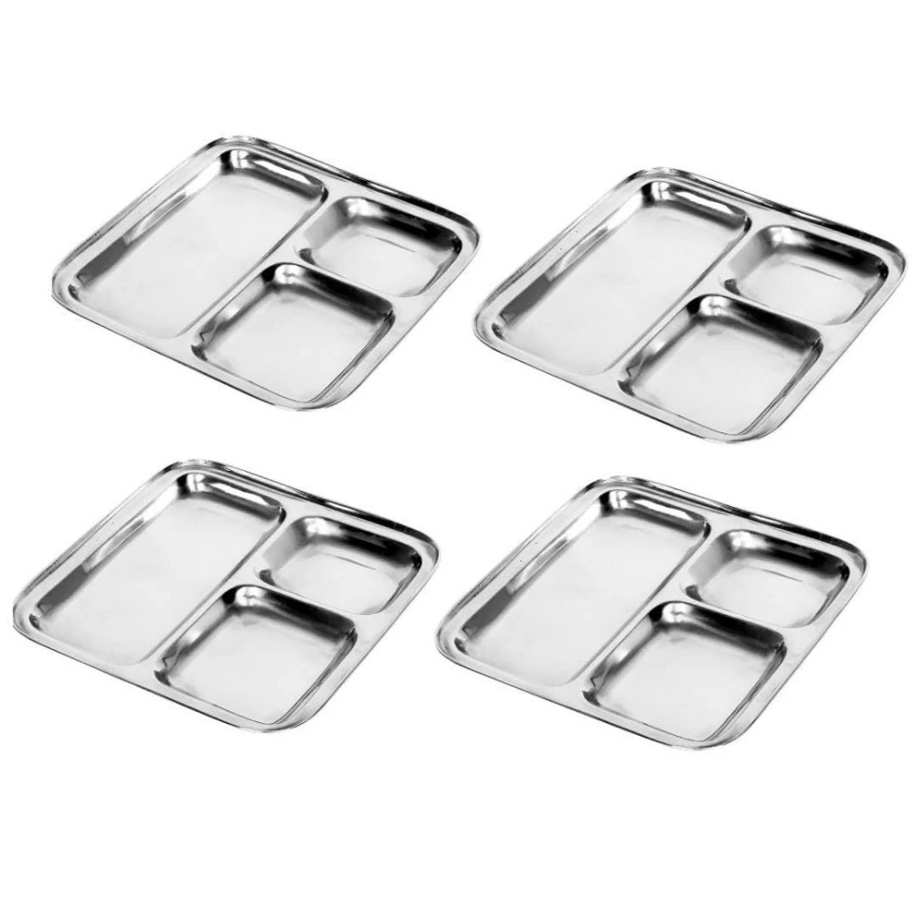 Palomino 3 In1 Stainless Steel Square Plates with Compartments/Tiffin Plates/Idli Sambhar Plates/Partition Plates/Breakfast Plate/Steel Plates for Lunch/Dinner