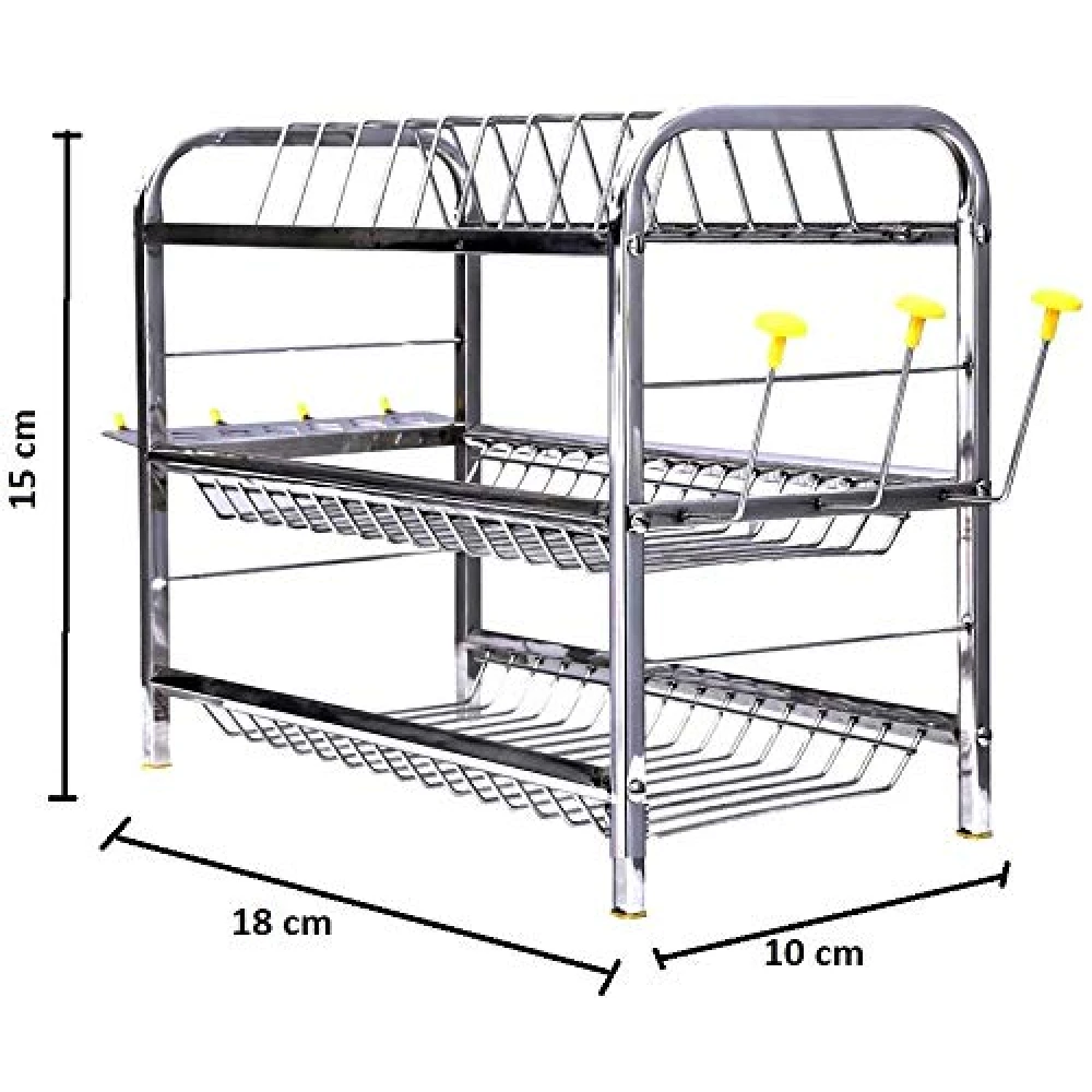 Palomino 3 Layer 18 Inch Kitchen Rack Wall Mount Dish Rack Plate Cutlery Stand | Kitchen Utensils Mini Rack for Modern Kitchen (Steel, 15 x 18 inch stand)
