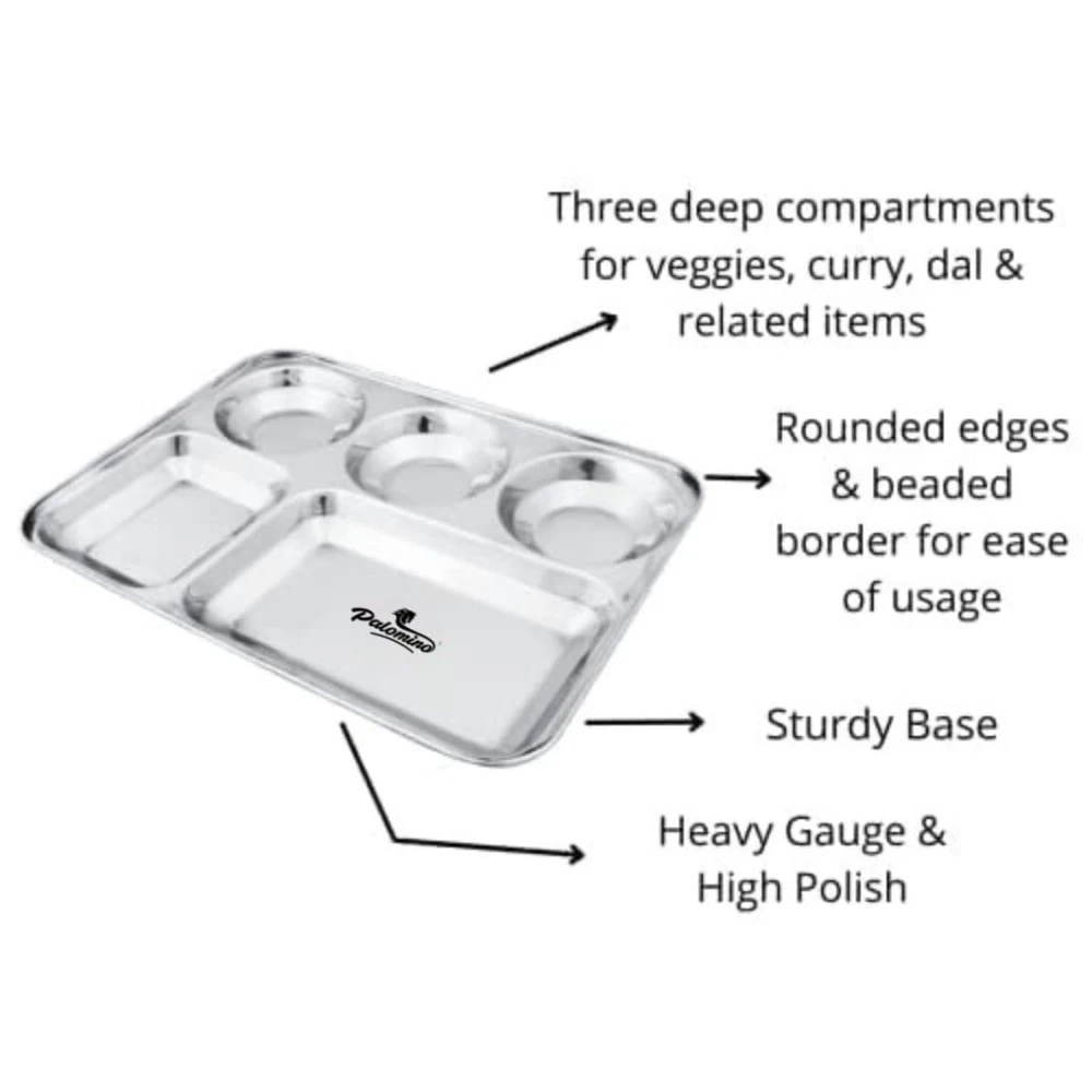 Palomino 5 in 1 Stainless Steel Plates with Compartments | Tiffin Plates for Office | Idli Sambhar Plates | Partition Plates | Breakfast Plate | Steel Plates for Lunch/Dinner plates