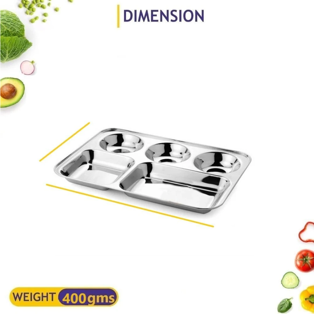 Palomino 5 in 1 Stainless Steel Plates with Compartments | Tiffin Plates | Idli Sambhar Plates | Partition Plates | Breakfast Plate | Steel Plates for Lunch/Dinner