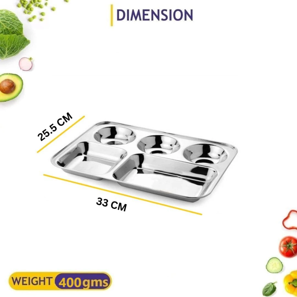 Palomino 5 In1 Stainless Steel Plates with Compartments/Tiffin Plates/Idli Sambhar Plates/Partition Plates/Breakfast Plate/Steel Plates for Lunch/Dinner (Set of 6)