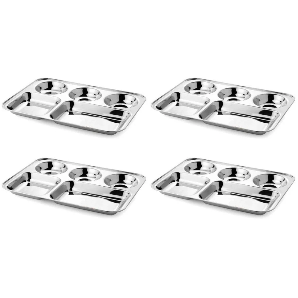 Palomino 5 in 1 Stainless Steel Plates with Compartments | Tiffin Plates for Office | Idli Sambhar Plates | Partition Plates | Breakfast Plate | Steel Plates for Lunch/Dinner plates