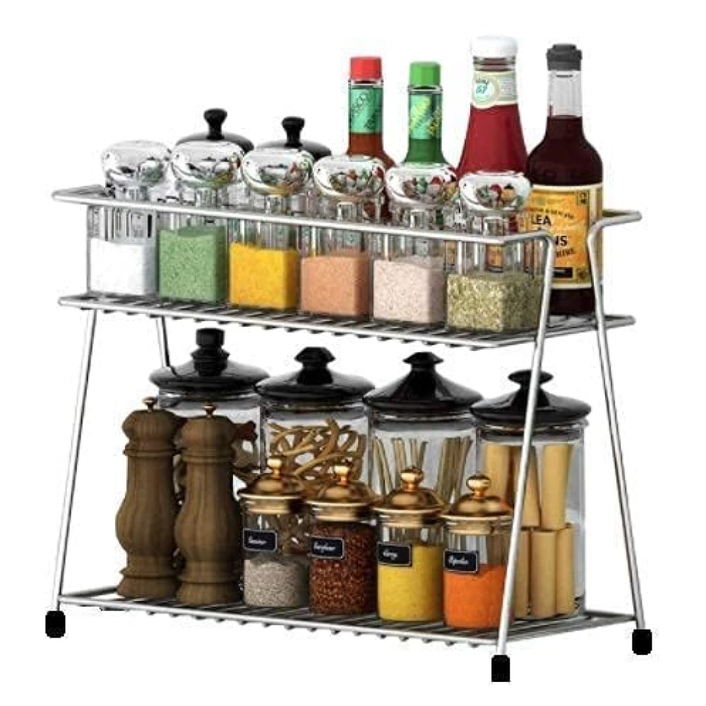 Homify Stainless Steel 2 Layer Spice Rack | Modular Kitchen Storage Organizer | Multipurpose Shelf for Countertop, Tabletop | Tiered Silver Rack