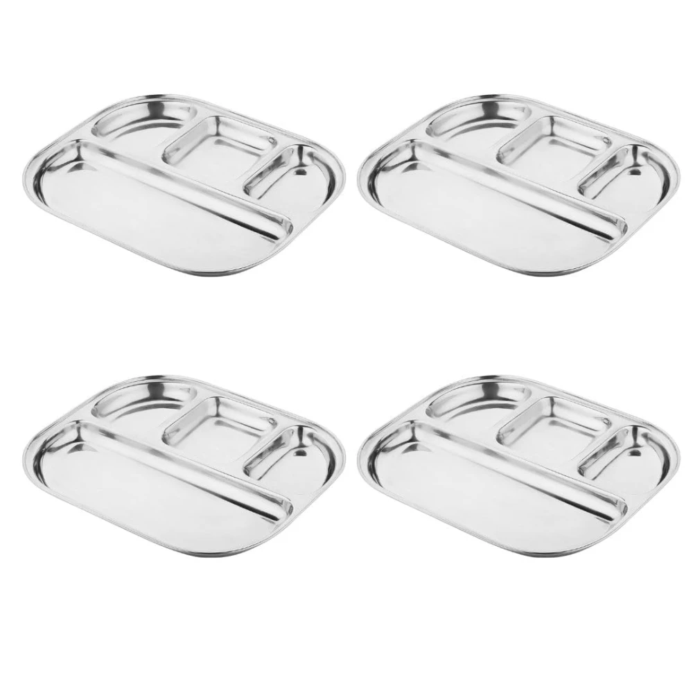 Palomino 4 in 1 Stainless Steel Plates with Compartments | Tiffin Plates | Idli Sambhar Plates | Partition Plates | Breakfast Plate | Steel Plates for Lunch/Dinner (Set of 4 )