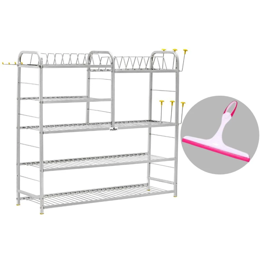 Palomino Wall Mount Kitchen Utensils Dish Rack | Stainless Steel Utensil Rack/Stand | Dish Stand/Holder | Kitchen Organizer | Utensils Rack with Plate & Cutlery Stand (30 X 30 Inches) + Wiper