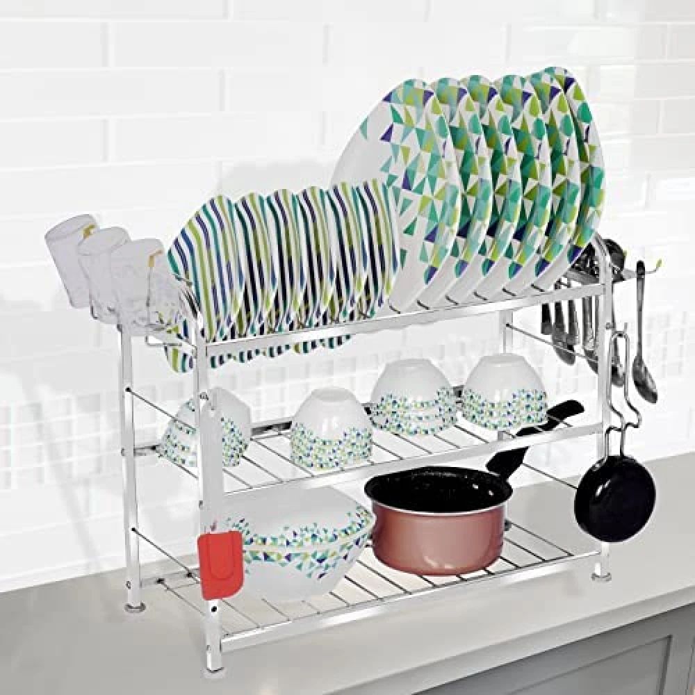Homify Wall Mount Kitchen Utensils Dish Rack | Stainless Steel Utensil Rack/Stand | Dish Stand/Holder | Kitchen Organizer | Utensils Rack with Plate & Cutlery Stand (18 x 21)