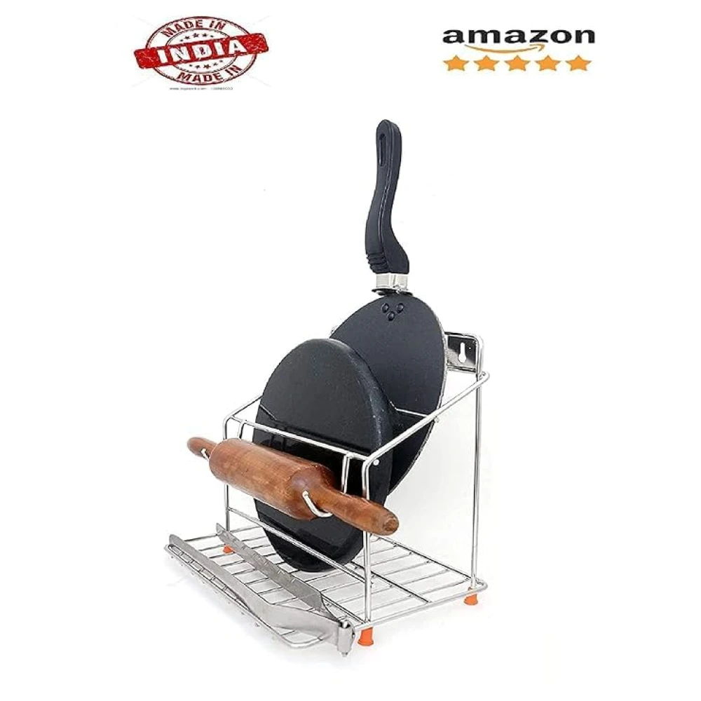Homify 4-in-1 Stainless Steel Chakla Belan Tawa Chimta Stand for Kitchen - Wall Mount Rack for Rolling Pin, Board, Tong Holder & Organizer