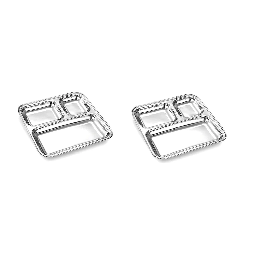 Palomino 3 in 1 Stainless Steel Square Plates with Compartments | Tiffin Plates | Idli Sambhar Plates | Partition Plates | Steel Plates for Breakfast/Lunch/Dinner (Set of 2 )