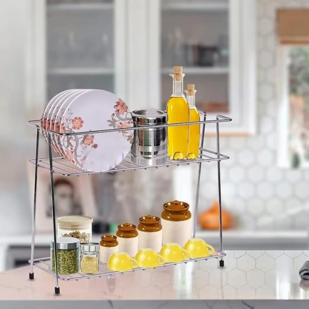 Palomino Stainless Steel 2 Layer Spice Rack | Modular Kitchen Storage Organizer | Multipurpose for Countertop, Tabletop | Tiered Silver Rack