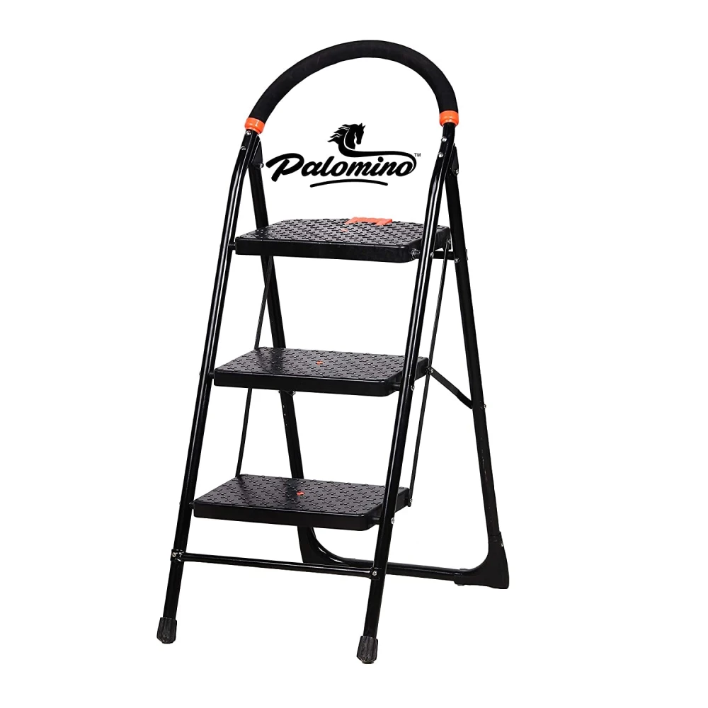 Palomino Black Heavy Duty Folding 3.1 Ft Stepladders with Wide 3 Steps Ladder Sidhi (Make in India)-Black